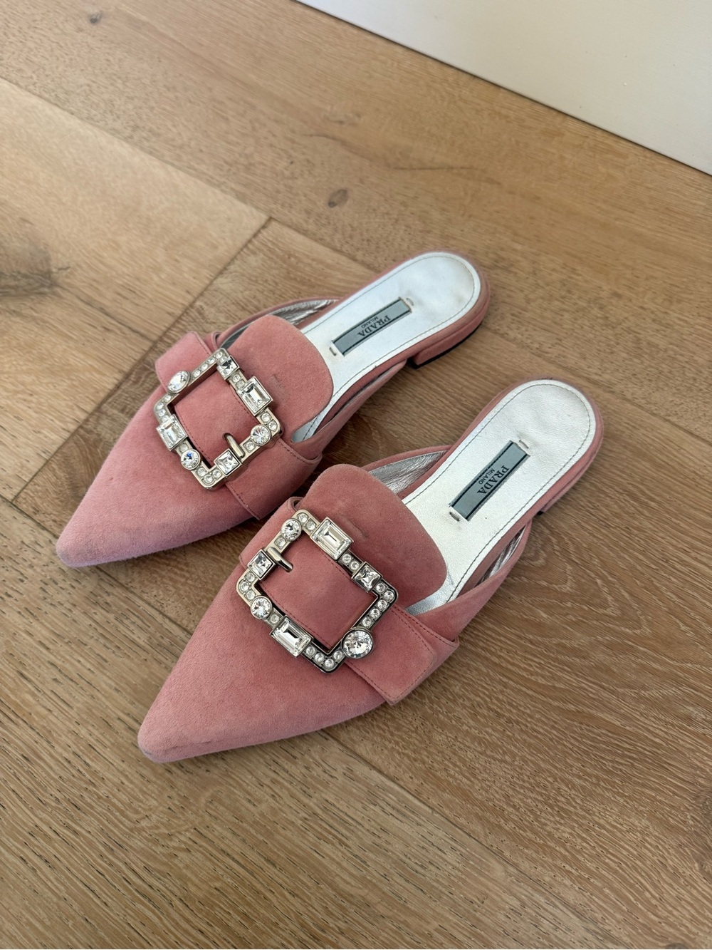 Prada Pink Suede Pointed-Toe Slip-On Mules with Crystal Buckle